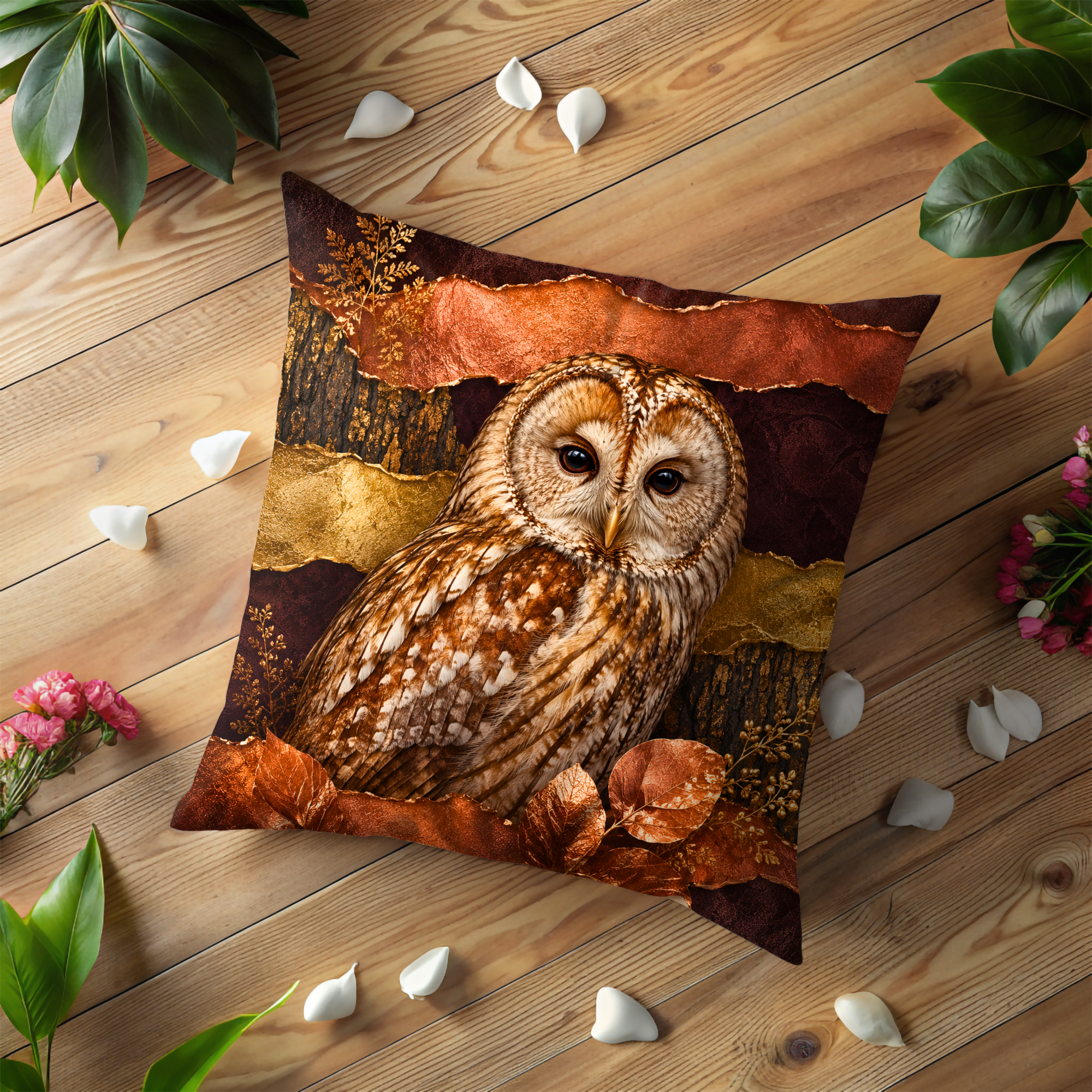 Tawny Owl Portrait Pillow Cover | Majestic Wildlife Art | Gold Crackle Decor