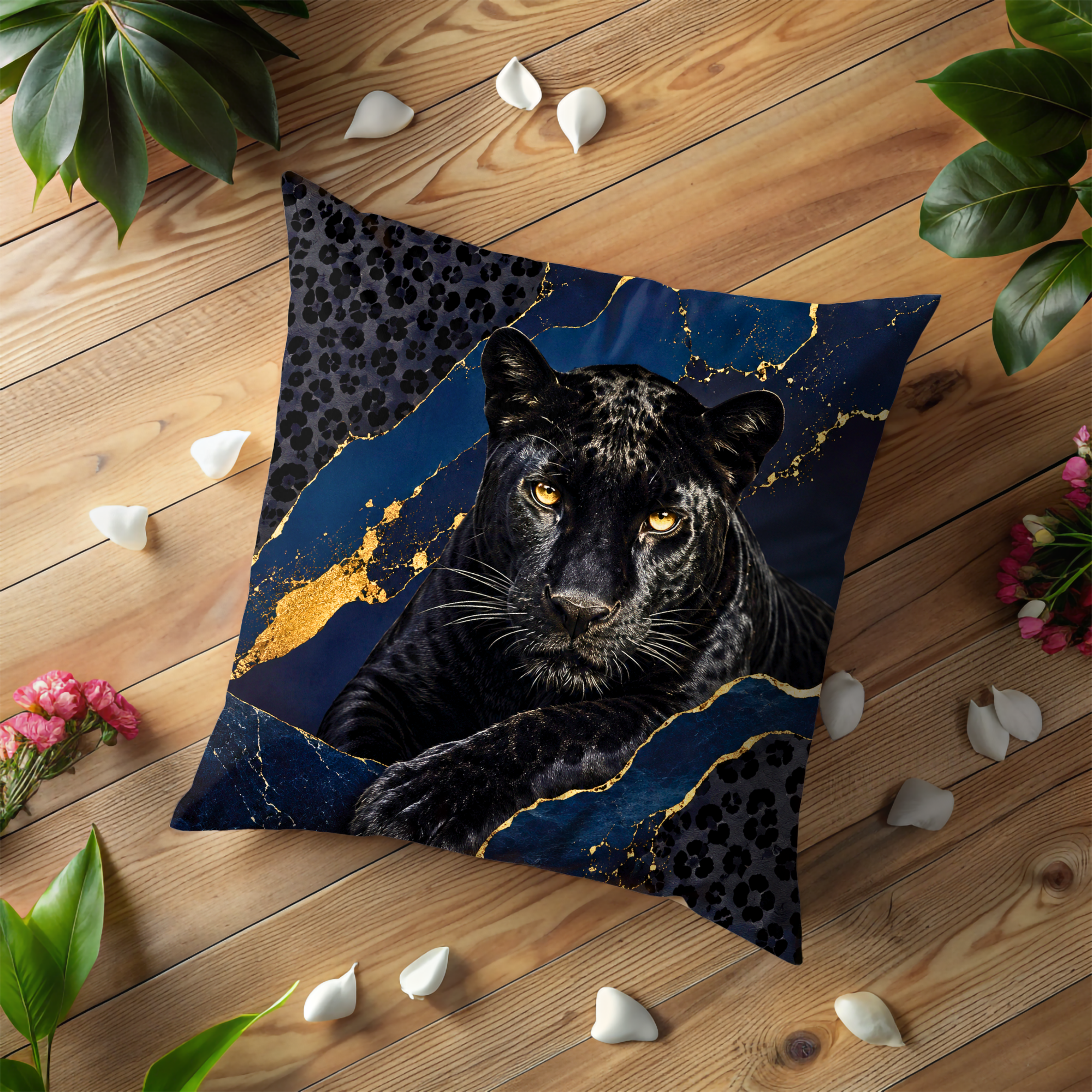 Black Panther Pillow Cover | Majestic Wildlife Art | Gold Crackle Decor