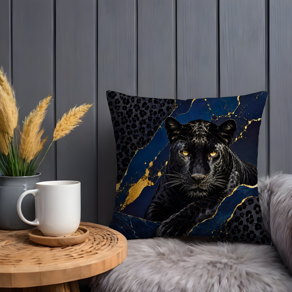 Black Panther Pillow Cover | Majestic Wildlife Art | Gold Crackle Decor