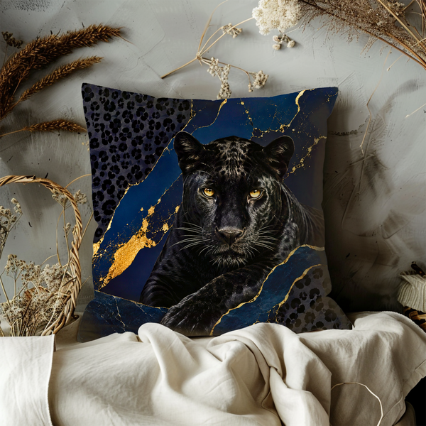 Black Panther Pillow Cover – Majestic Wildlife Art | Gold Crackle Decor