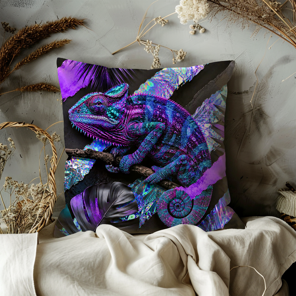Chameleon Portrait Pillow Cover – Exotic Wildlife Art | Gold Crackle Decor