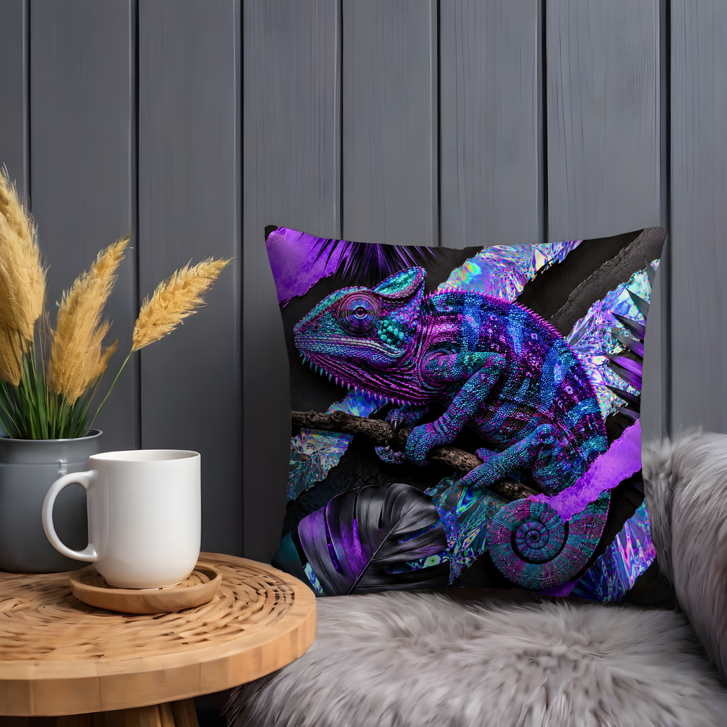 Chameleon Portrait Pillow Cover | Exotic Wildlife Art | Gold Crackle Decor