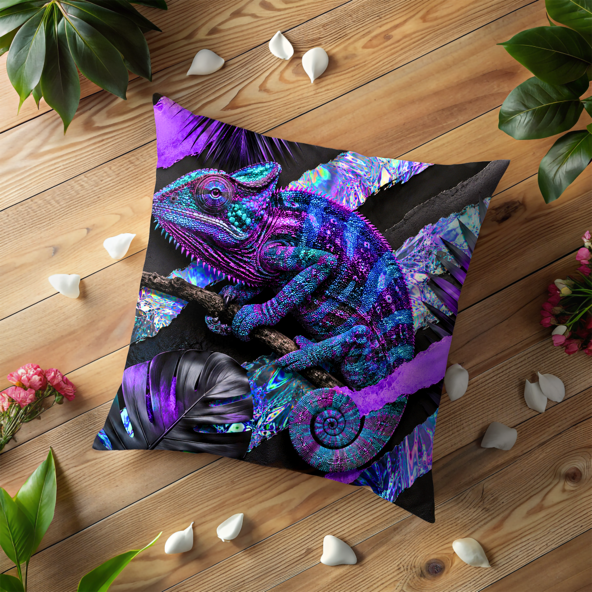 Chameleon Portrait Pillow Cover | Exotic Wildlife Art | Gold Crackle Decor