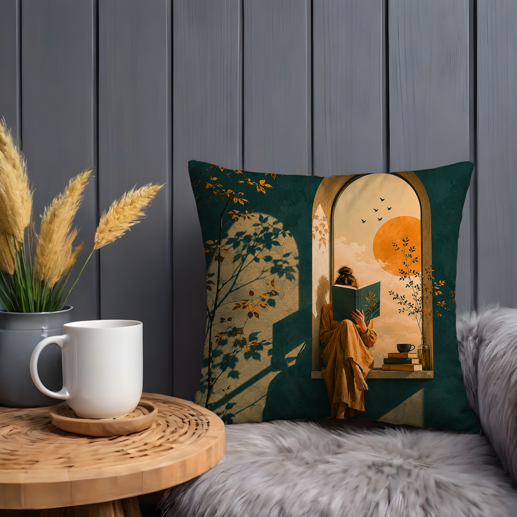 Reading Girl Pillow Cover | Peaceful Book Lover Art | Gold Crackle Decor