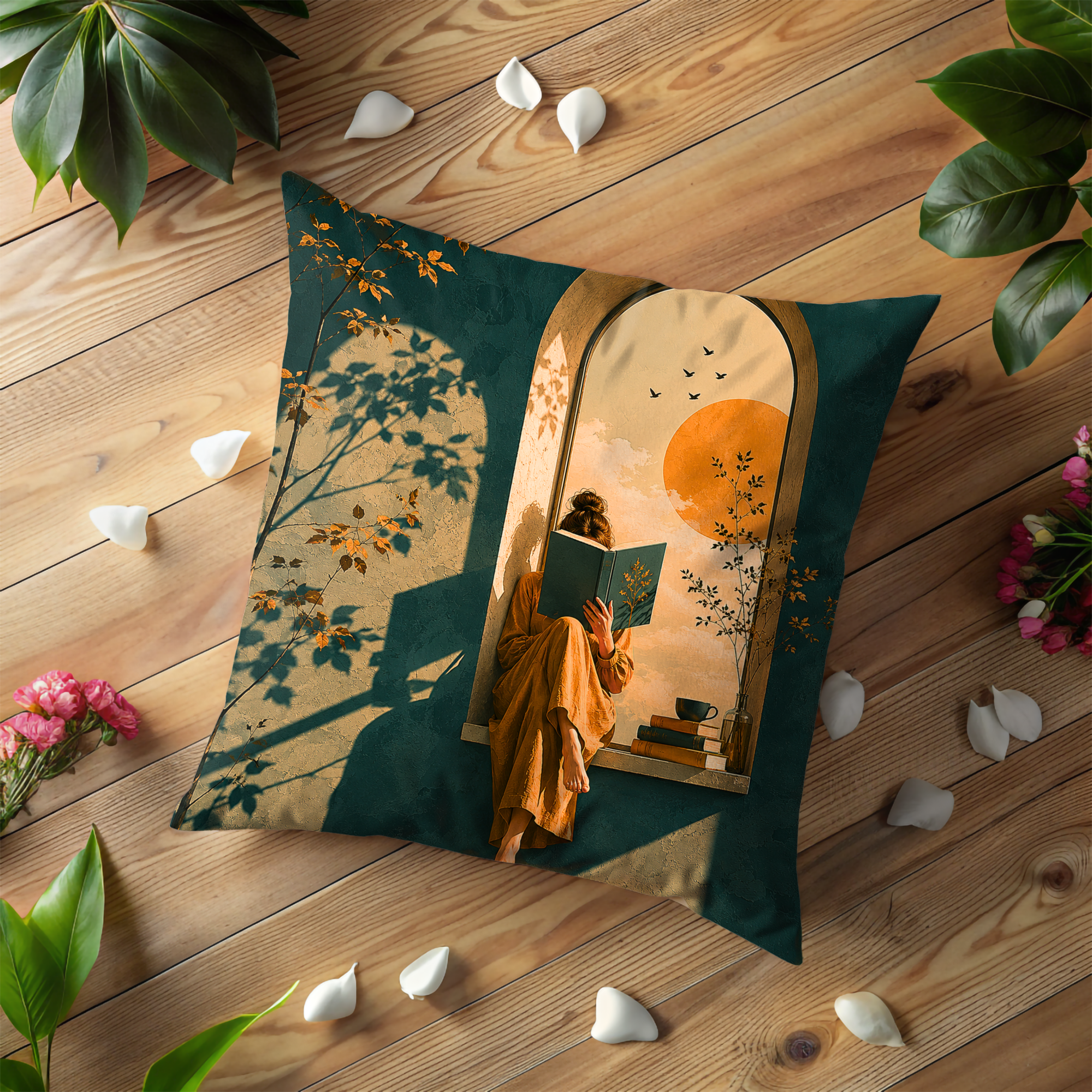 Reading Girl Pillow Cover | Peaceful Book Lover Art | Gold Crackle Decor