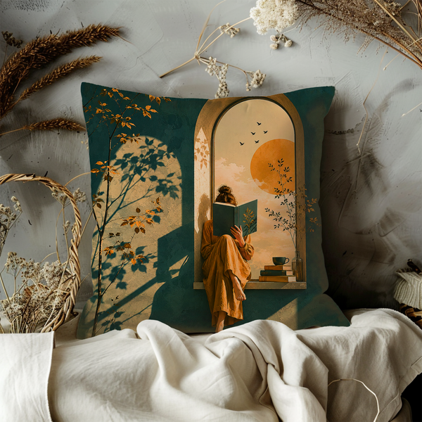 Reading Girl Pillow Cover – Peaceful Book Lover Art | Gold Crackle Decor
