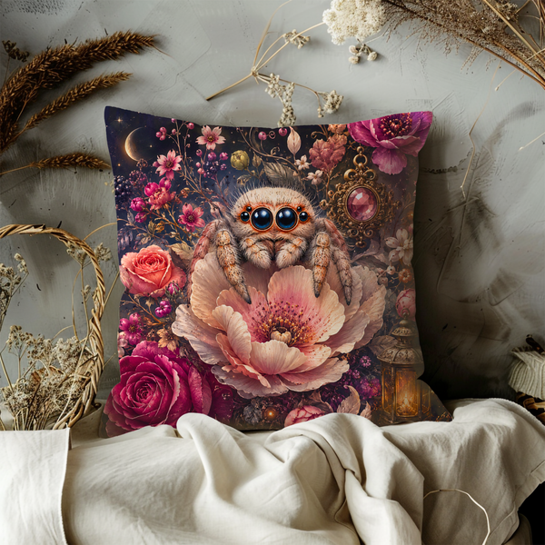 Jumping Spider Portrait Pillow Cover – Whimsical Wildlife Art | Fantasy Decor