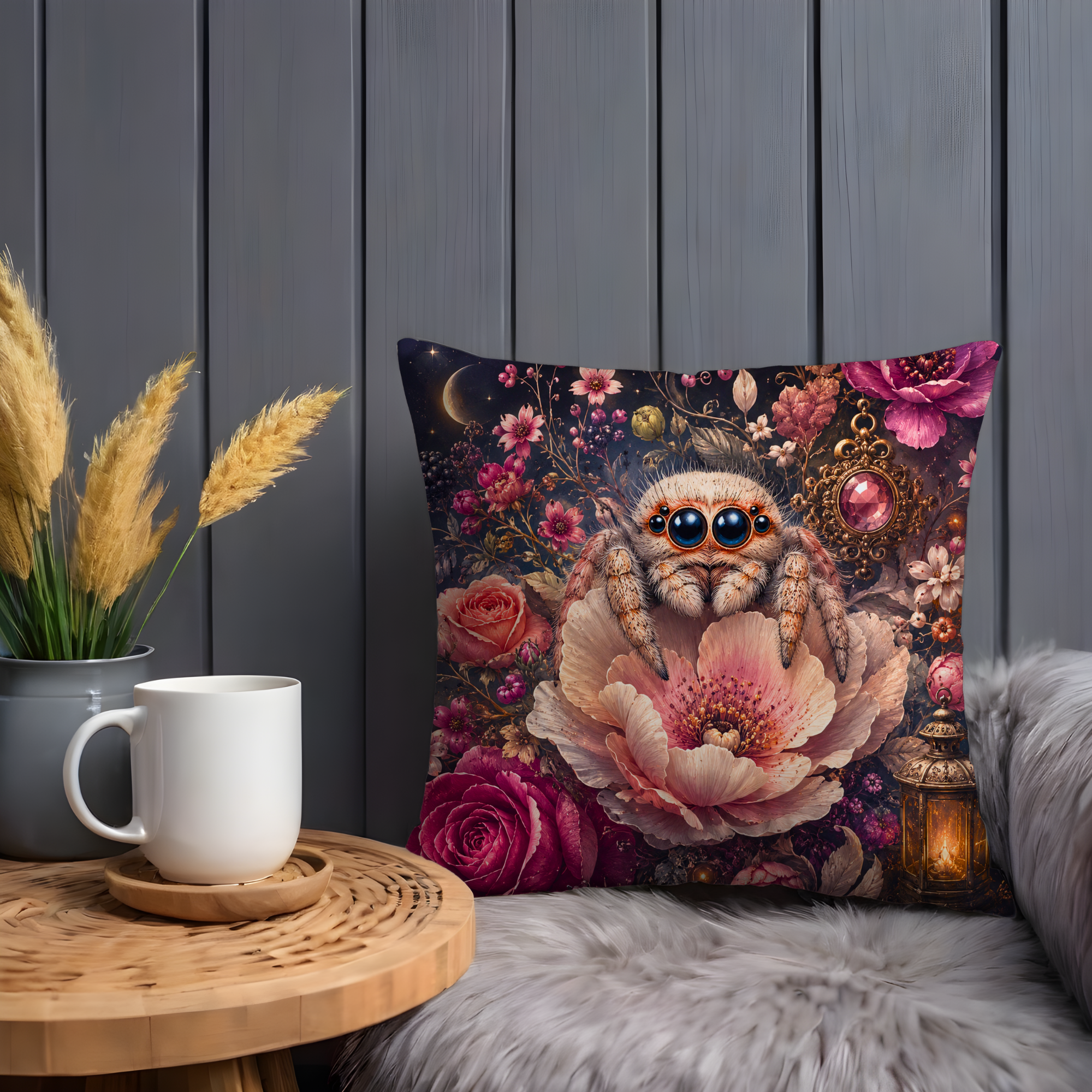 Jumping Spider Portrait Pillow Cover | Whimsical Wildlife Art | Fantasy Decor