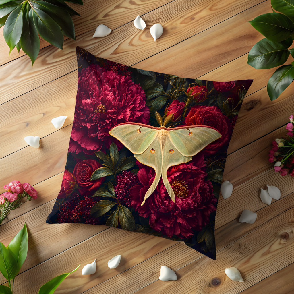 Luna Moth Pillow Cover | Elegant Floral Wildlife Art | Mystical Decor