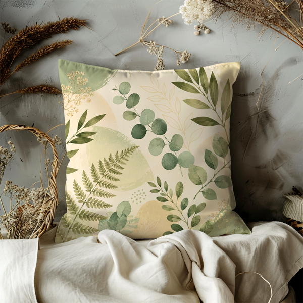 Botanical Leaves Pillow Cover – Green Eucalyptus Art | Soft Nature Decor