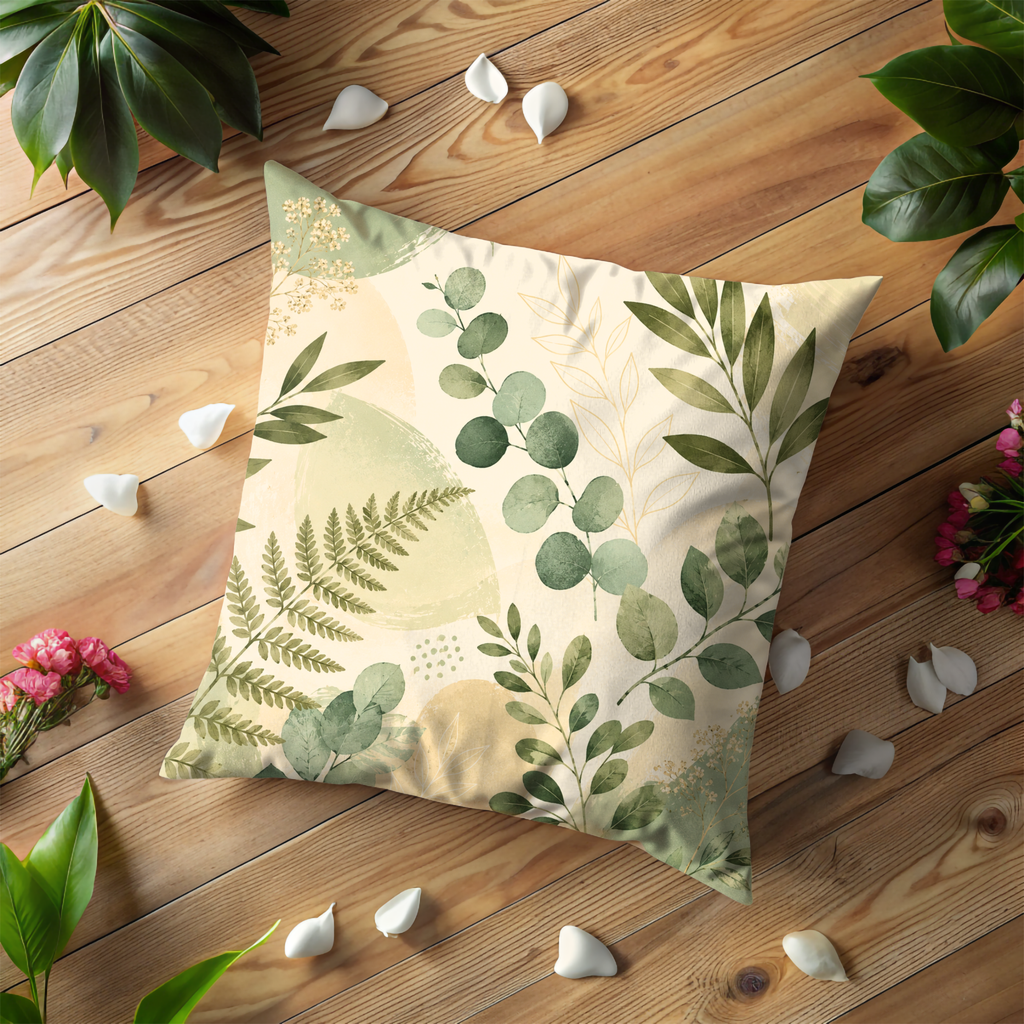 Botanical Leaves Pillow Cover | Green Eucalyptus Art | Soft Nature Decor