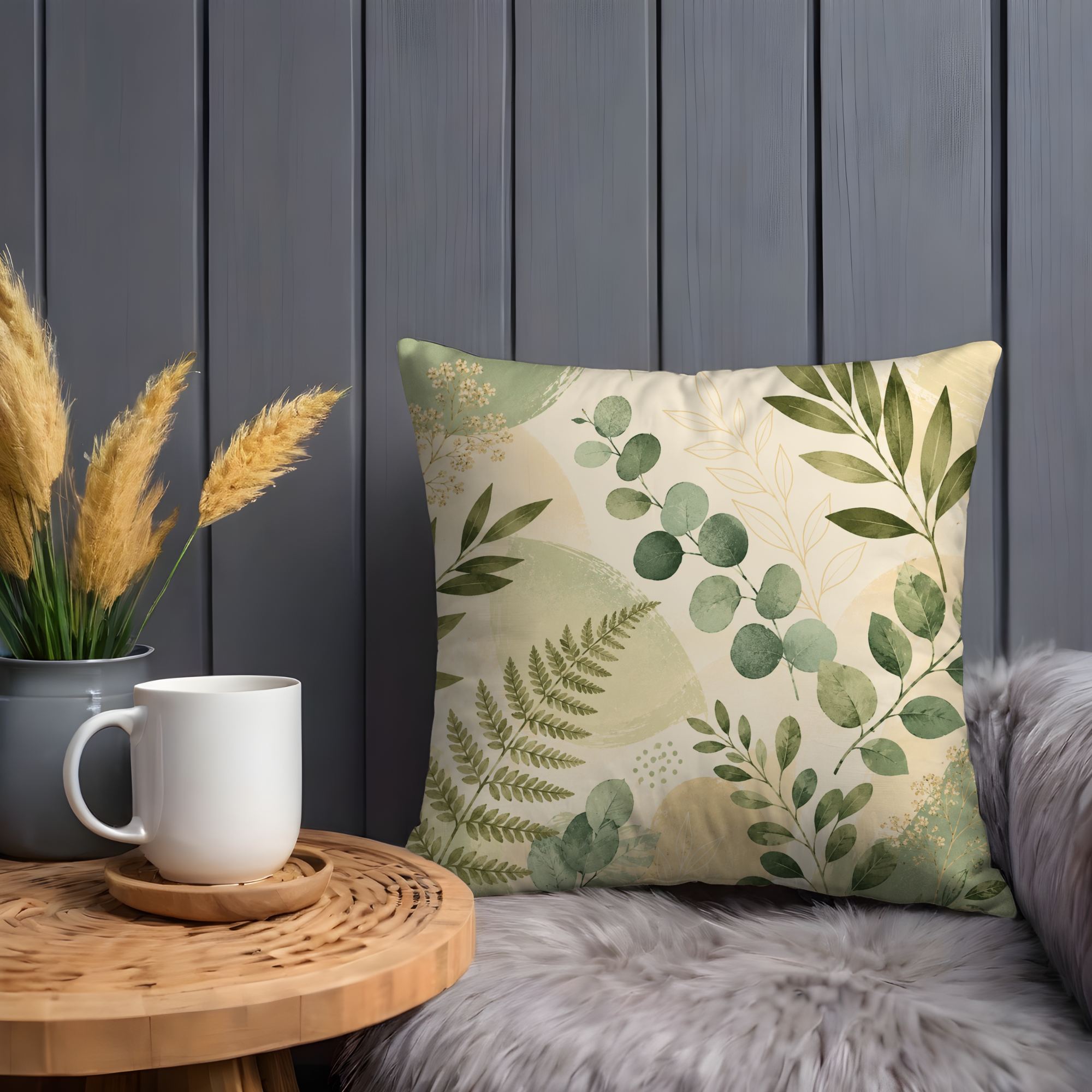 Botanical Leaves Pillow Cover | Green Eucalyptus Art | Soft Nature Decor