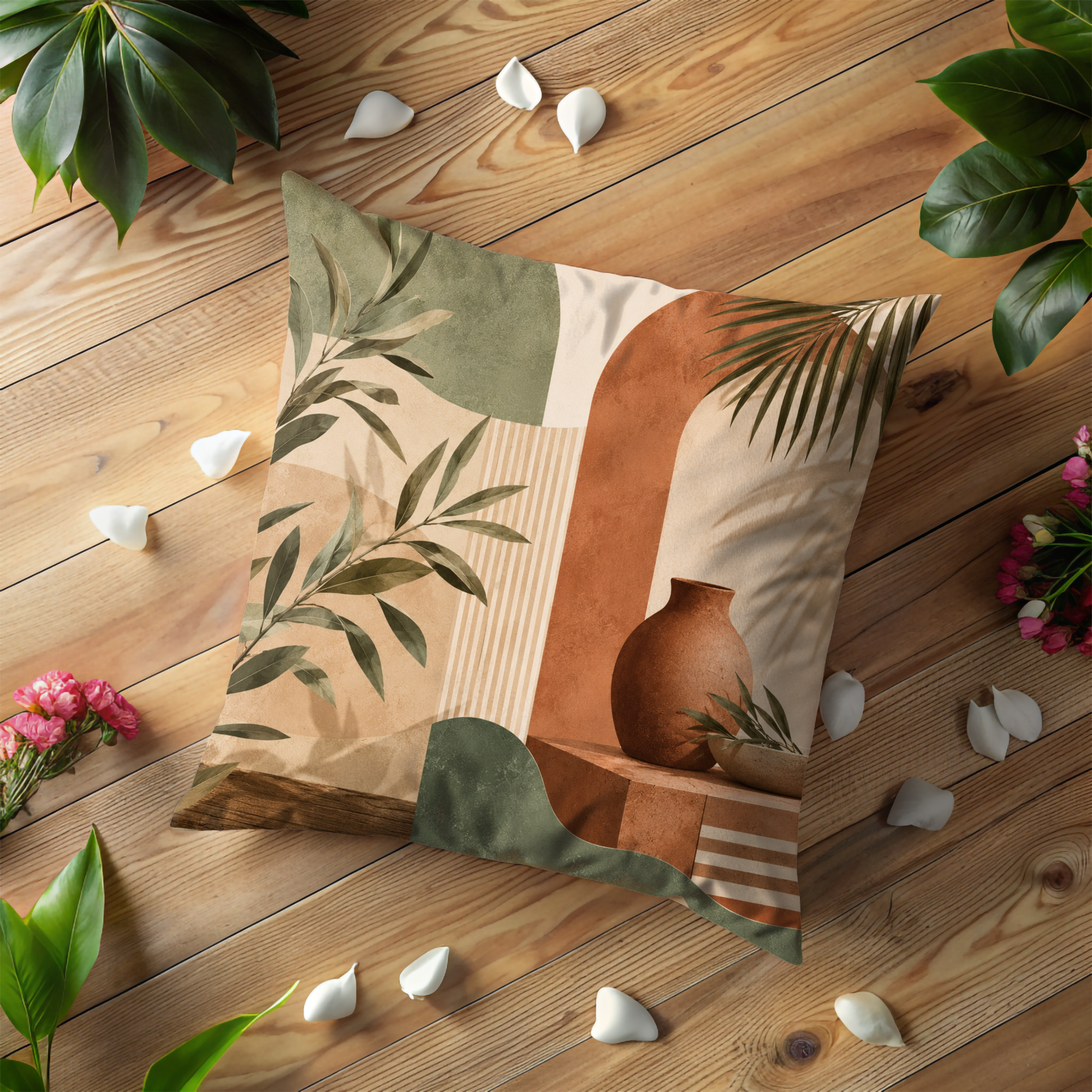 Terracotta Leaves Pillow Cover | Modern Botanical Art | Earthy Decor