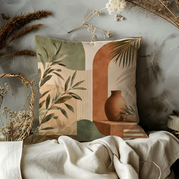 Terracotta Leaves Pillow Cover – Modern Botanical Art | Earthy Decor