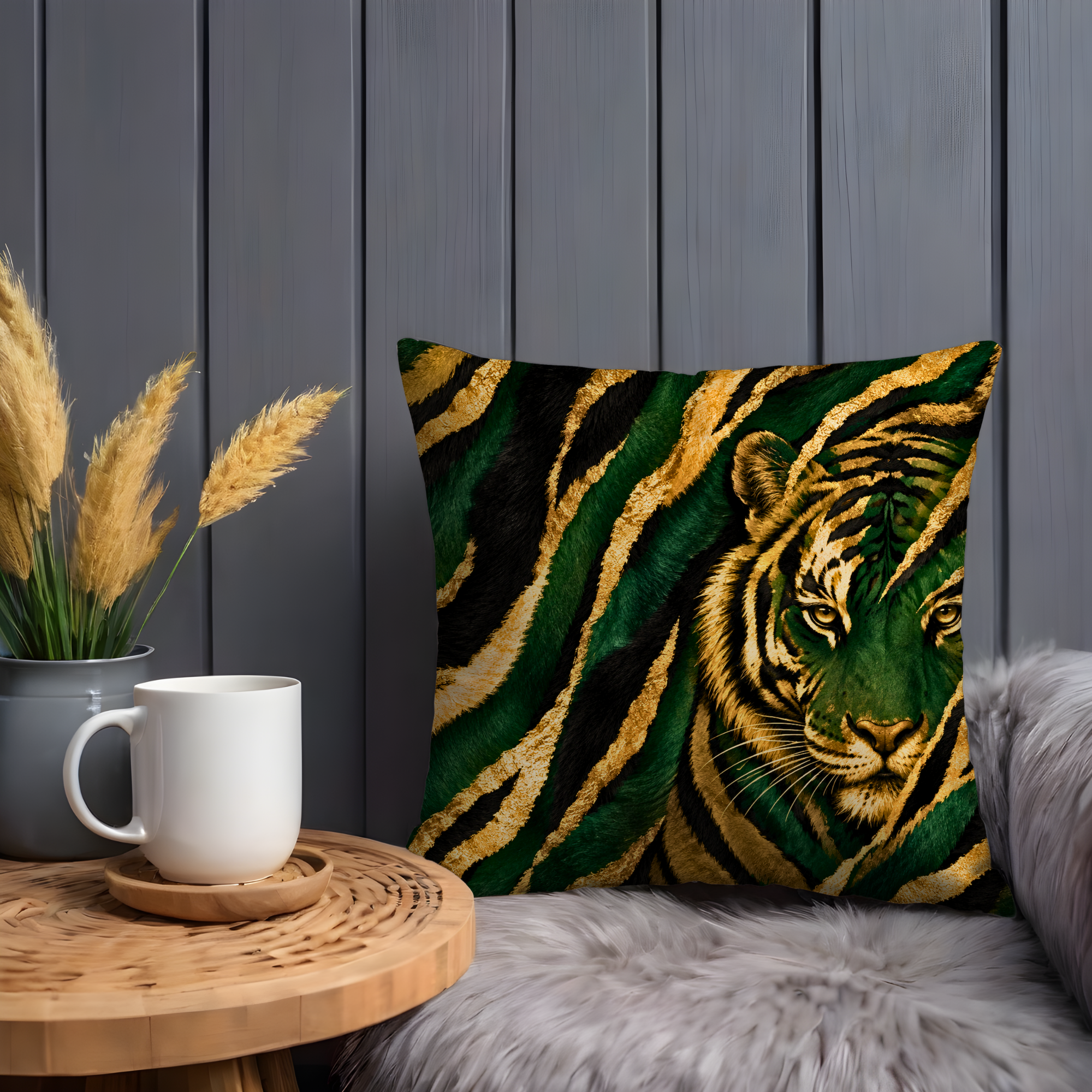 Tiger Pillow Cover | Majestic Wildlife Art | Gold Crackle Decor