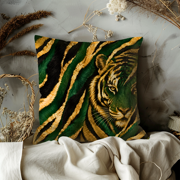 Tiger Pillow Cover – Majestic Wildlife Art | Gold Crackle Decor