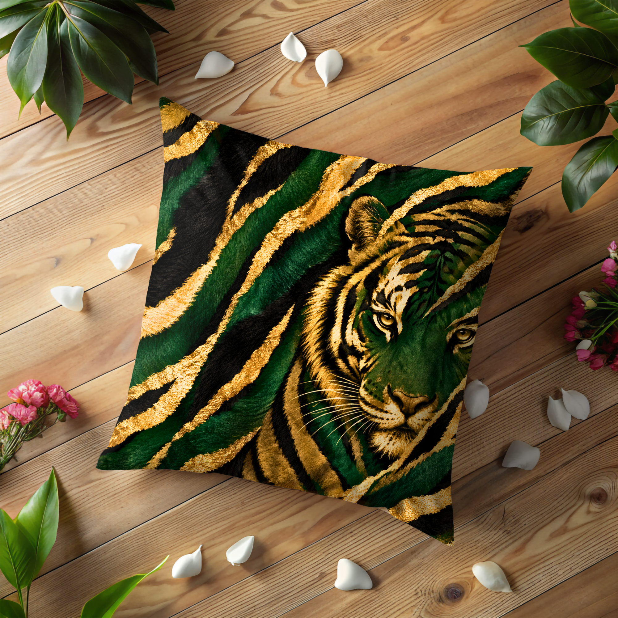 Tiger Pillow Cover | Majestic Wildlife Art | Gold Crackle Decor