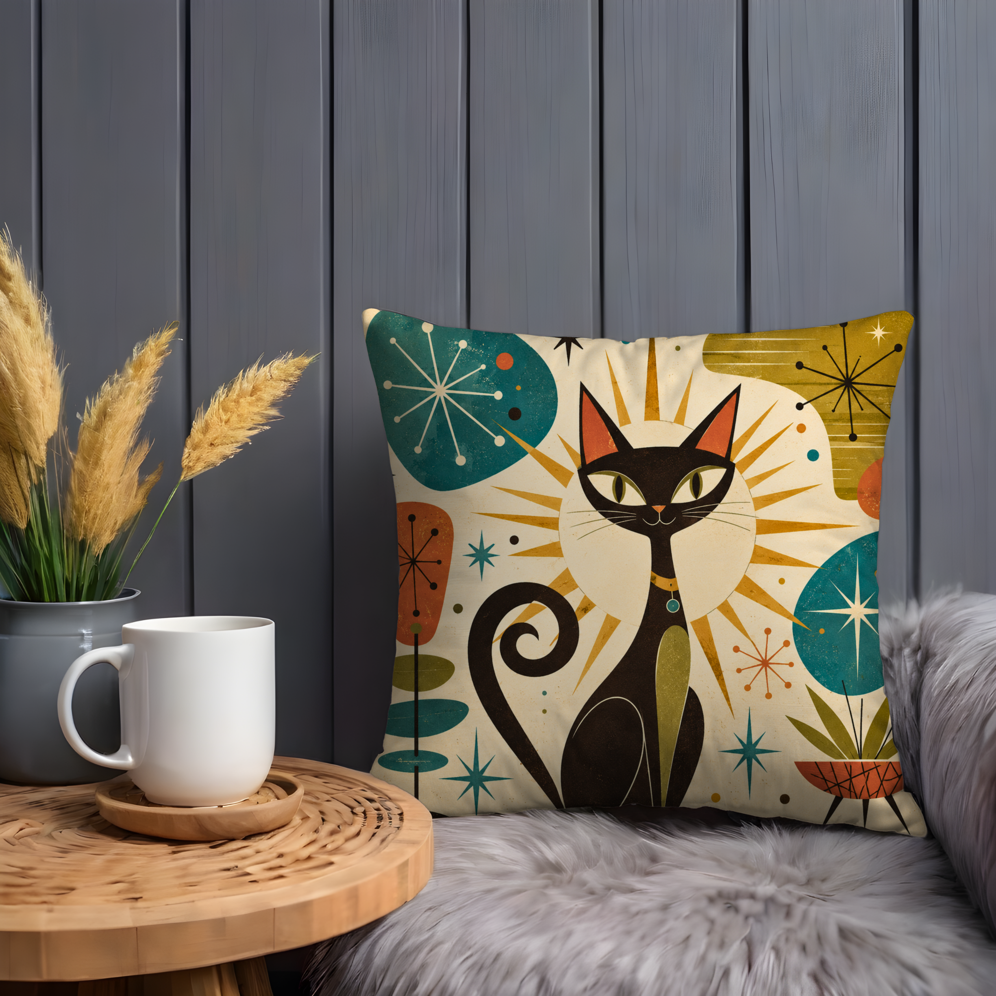 Mid Century Cat Pillow Cover | Retro Atomic Art | Vintage Modern Decor