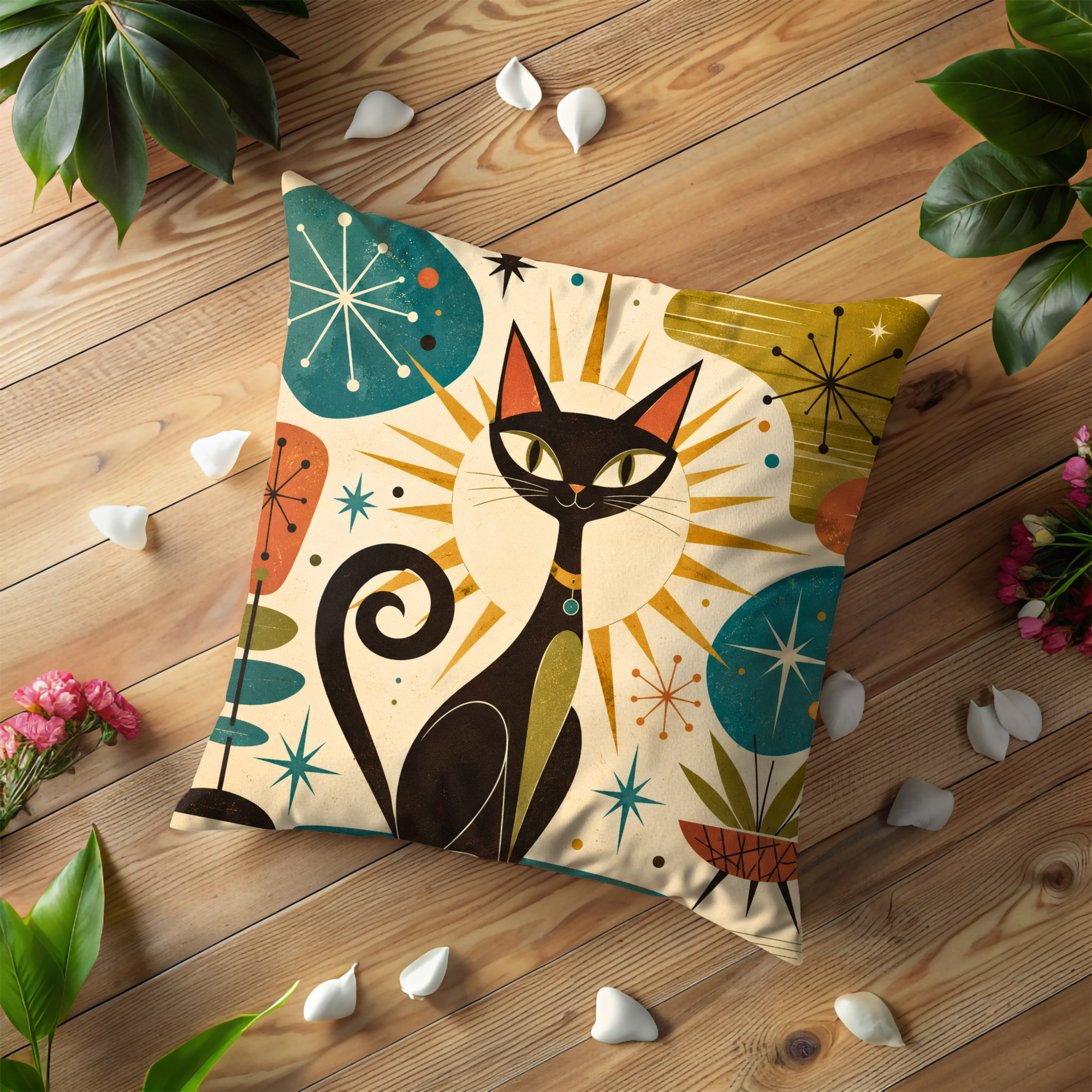 Mid Century Cat Pillow Cover | Retro Atomic Art | Vintage Modern Decor
