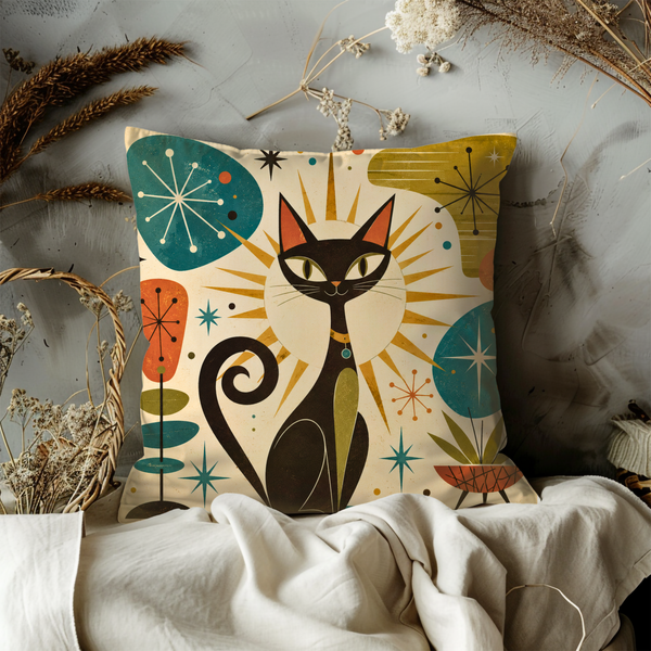 Mid Century Cat Pillow Cover – Retro Atomic Art | Vintage Modern Decor