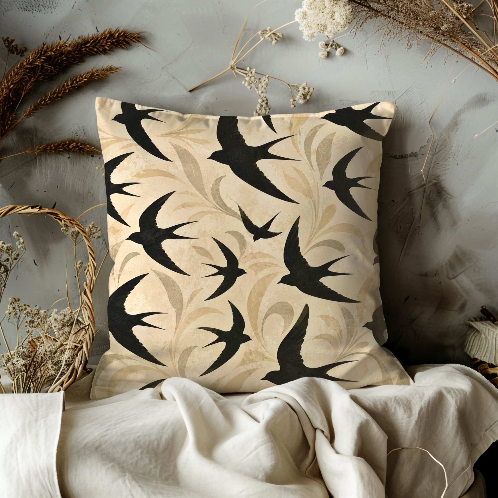 Swallow Birds Pillow Cover | Flying Birds Art | Minimalist Nature Decor