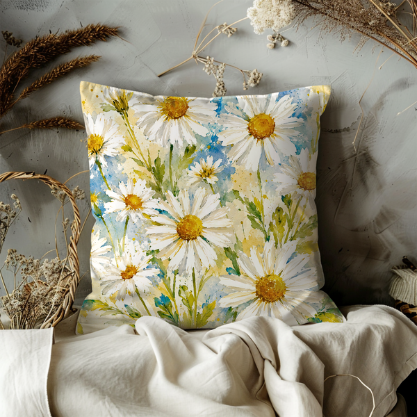 Watercolor Daisies Pillow Cover – Fresh Floral Art | Boho Decor