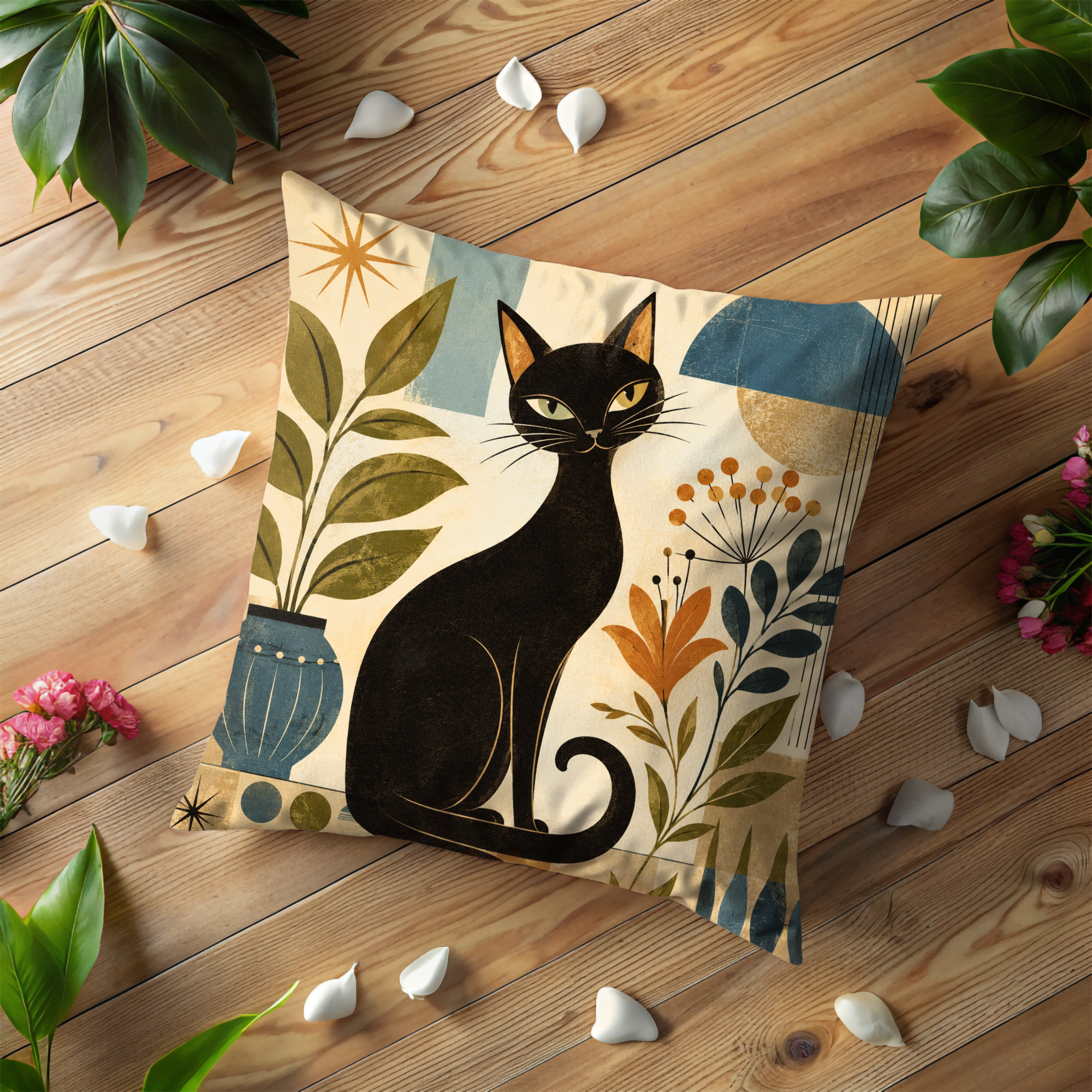 Mid Century Black Cat Pillow Cover | Retro Botanical Art | Vintage Decor