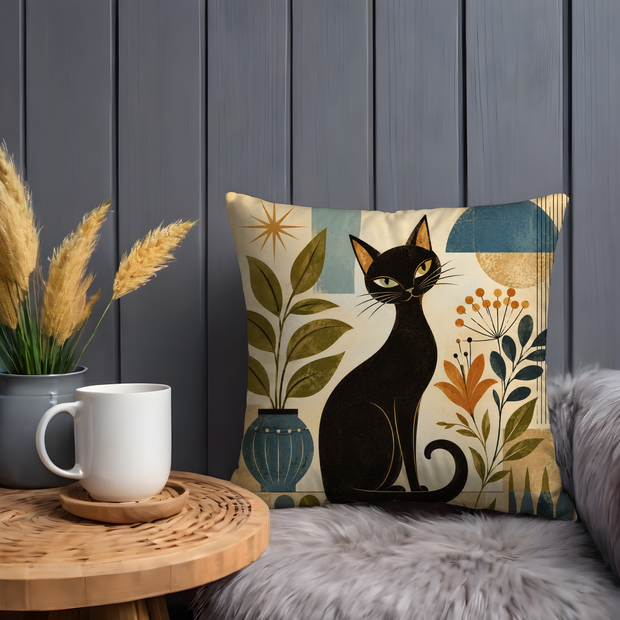 Mid Century Black Cat Pillow Cover | Retro Botanical Art | Vintage Decor