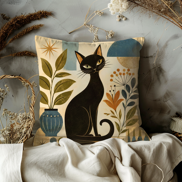 Mid Century Black Cat Pillow Cover – Retro Botanical Art | Vintage Decor