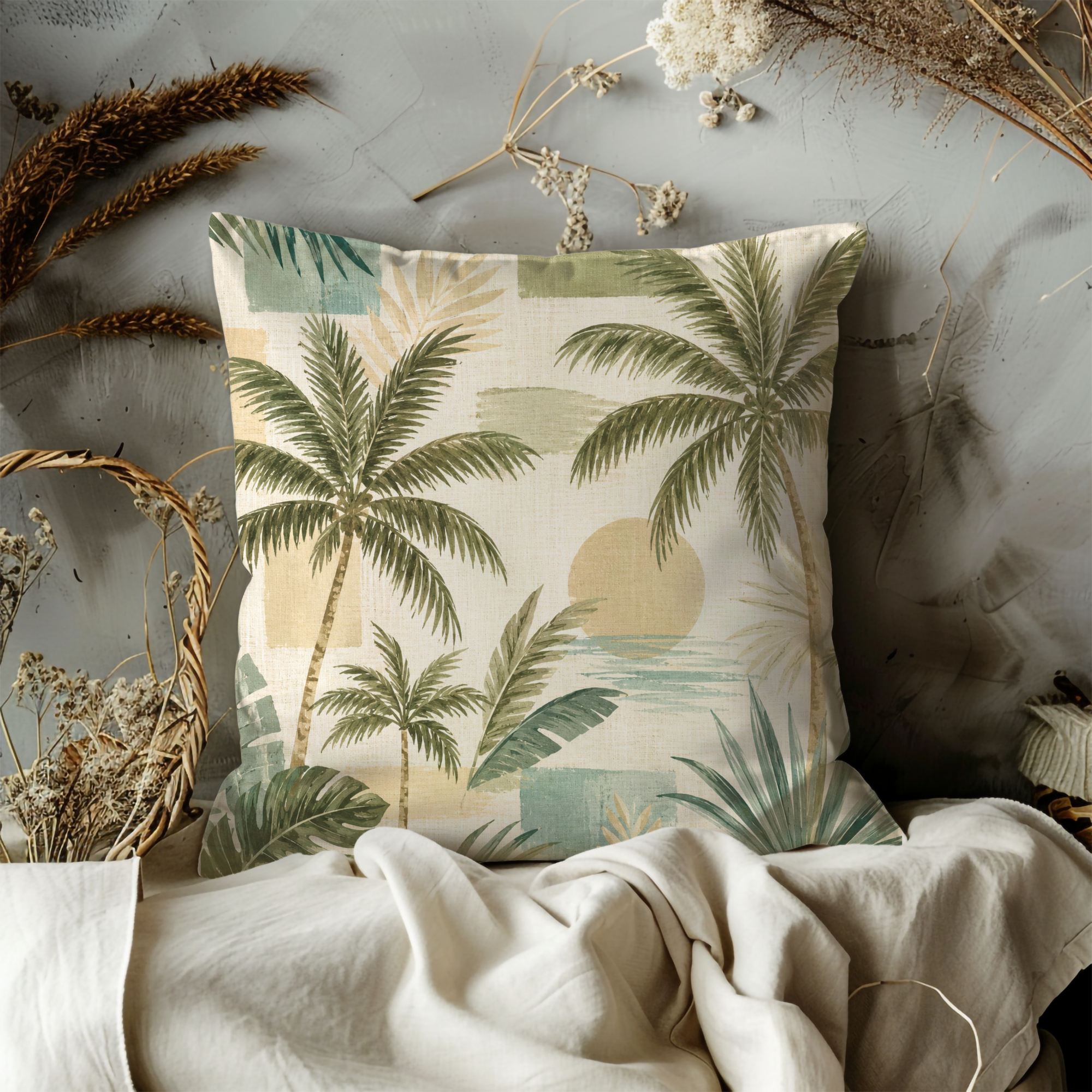 Tropical Palm Pillow Cover | Sunset Beach Art | Coastal Decor