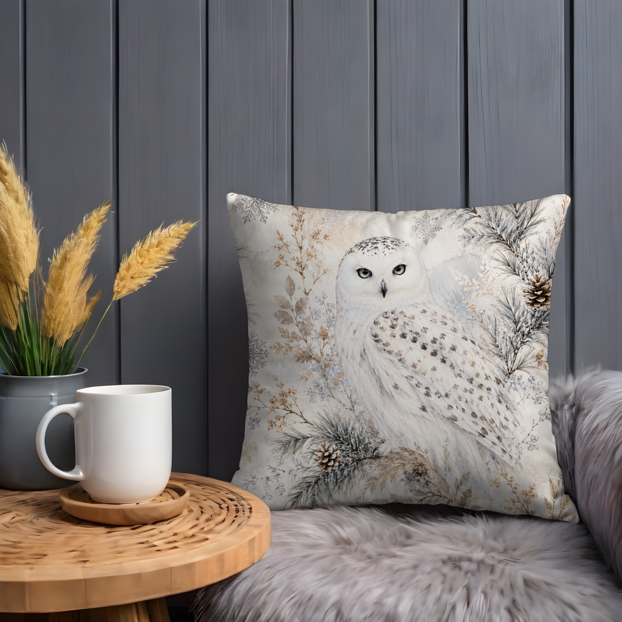 Snowy Owl Winter Pillow Cover | Elegant Wildlife Art | Winter Decor