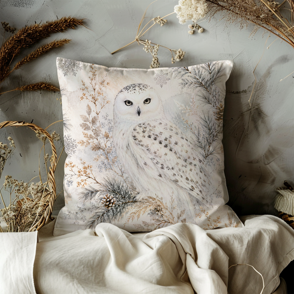 Snowy Owl Winter Pillow Cover – Elegant Wildlife Art | Winter Decor