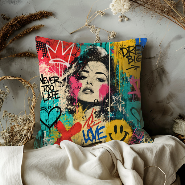 Graffiti Girl Pillow Cover – Urban Street Art | Bold Colorful Decor