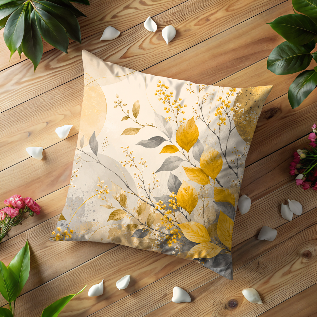 Golden Leaves Abstract Pillow Cover | Boho Botanical Art | Elegant Decor
