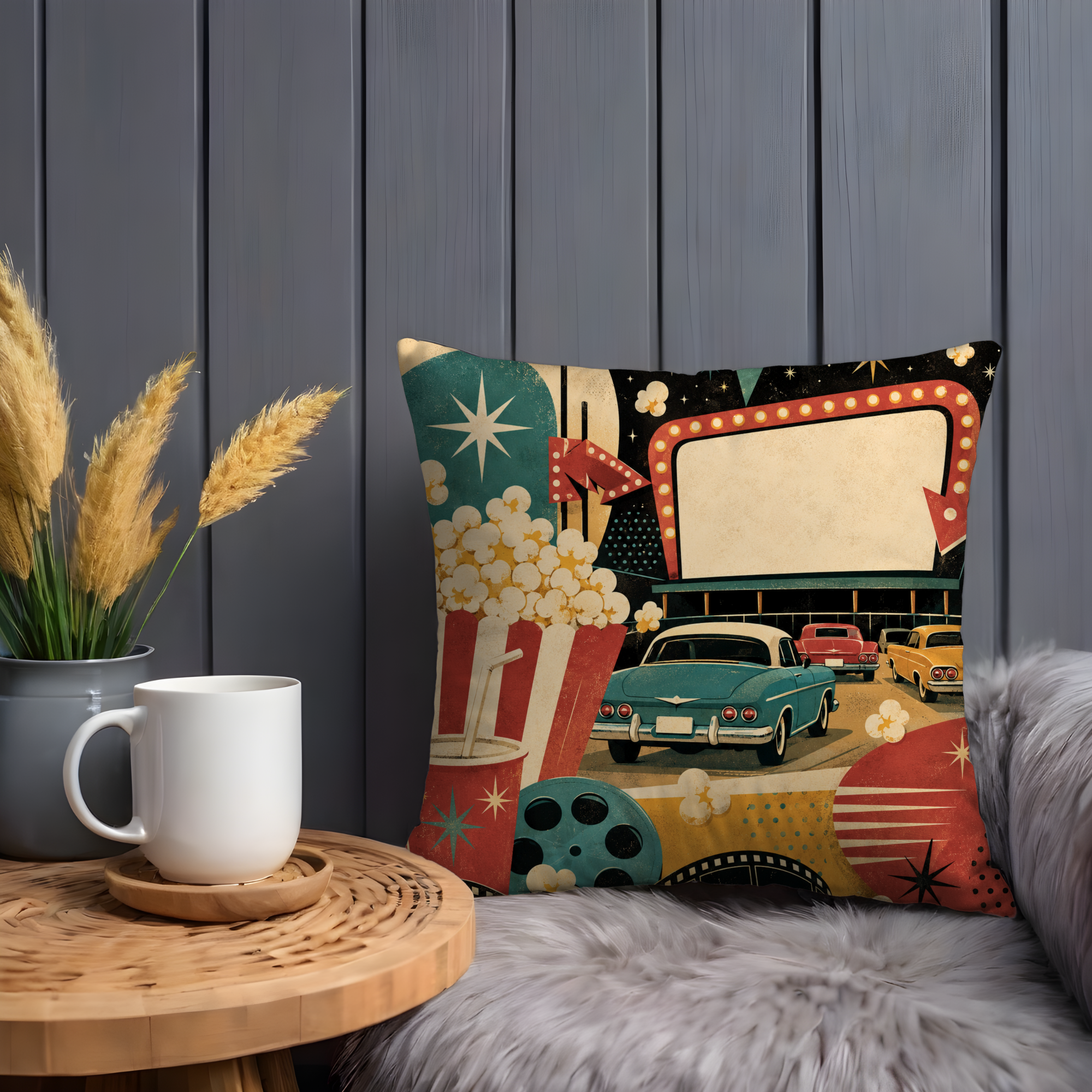 Drive-In Movie Pillow Cover | Retro Vintage Art | Nostalgic Decor