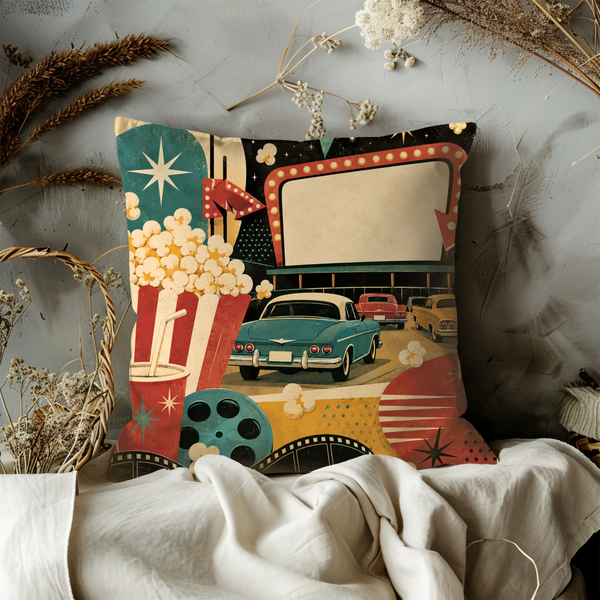 Drive-In Movie Pillow Cover – Retro Vintage Art | Nostalgic Decor