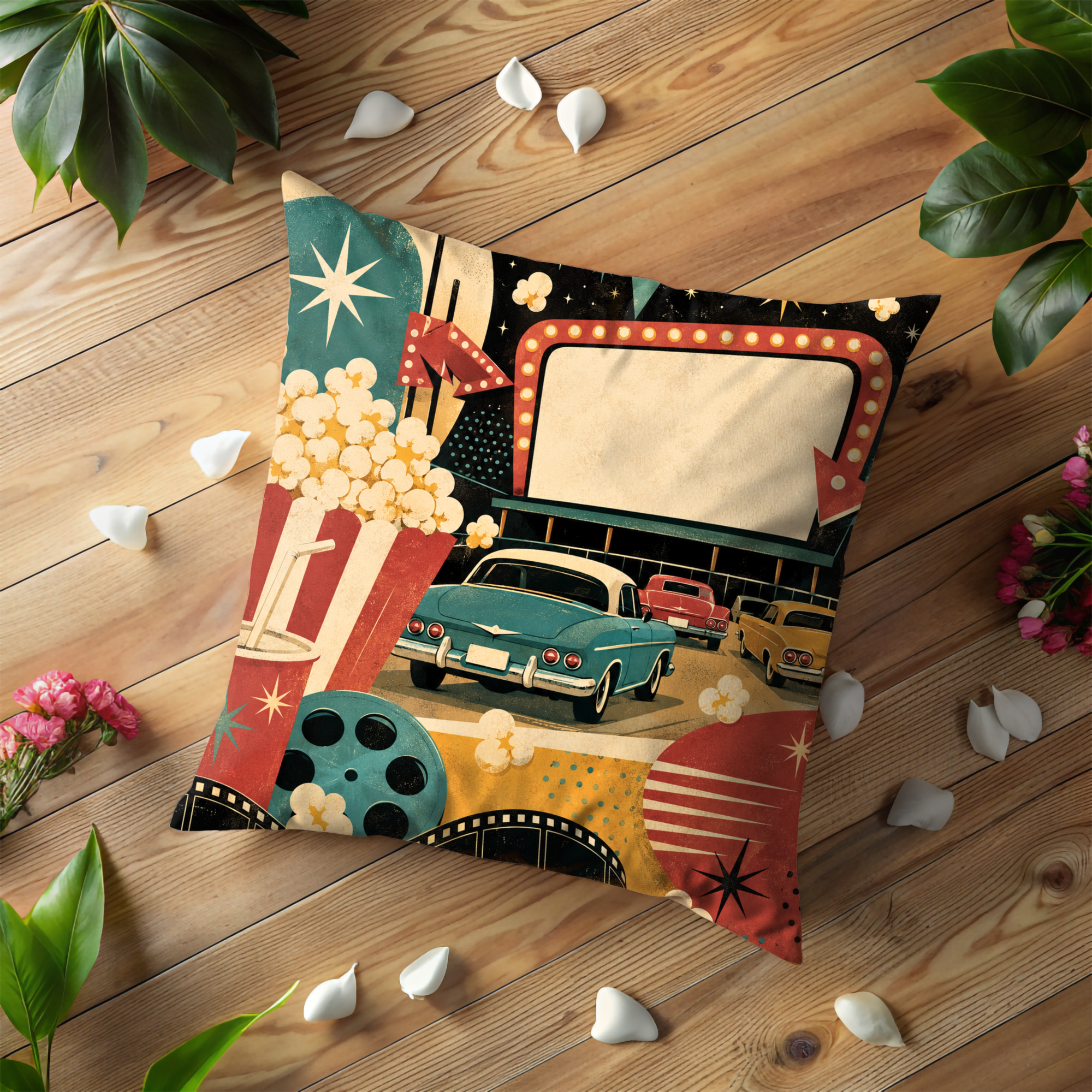 Drive-In Movie Pillow Cover | Retro Vintage Art | Nostalgic Decor