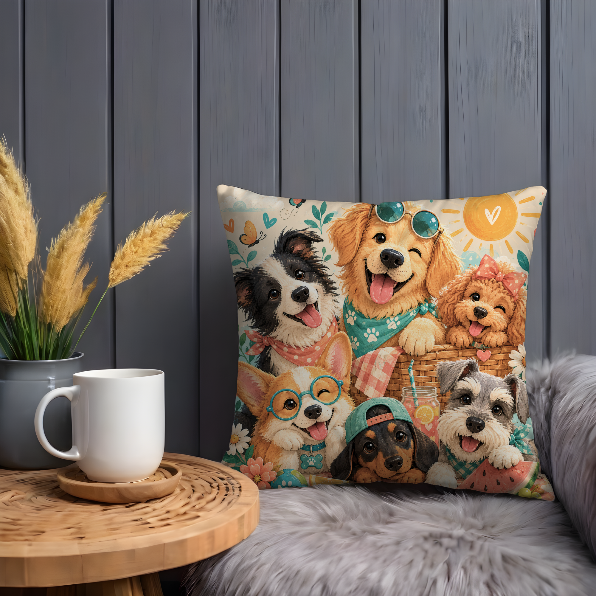 Happy Dogs Picnic Pillow Cover | Cute Animal Art | Summer Fun Decor