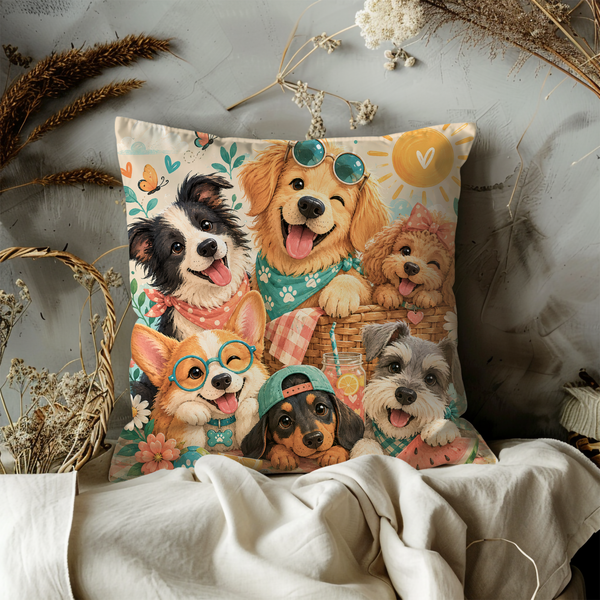 Happy Dogs Picnic Pillow Cover – Cute Animal Art | Summer Fun Decor