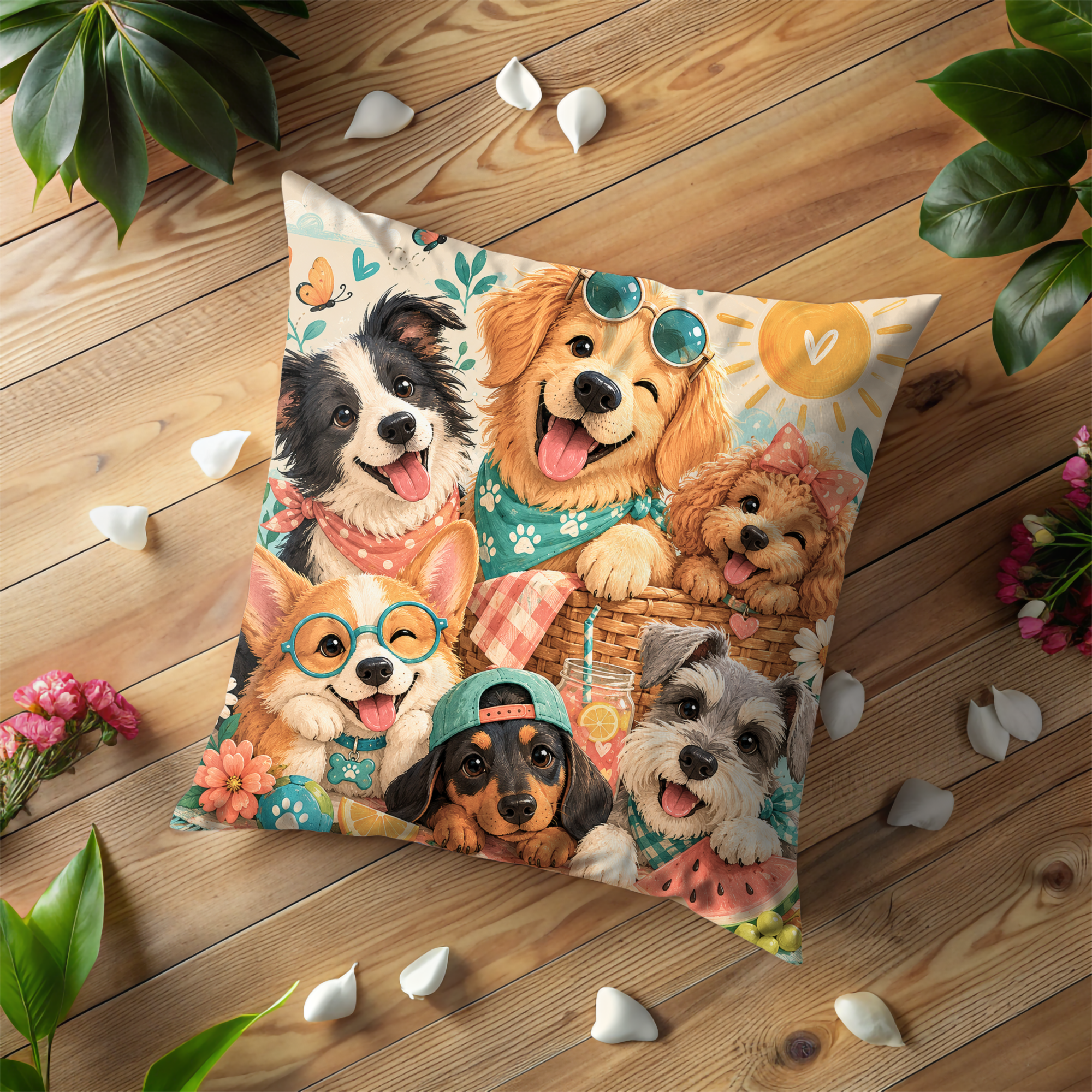 Happy Dogs Picnic Pillow Cover | Cute Animal Art | Summer Fun Decor
