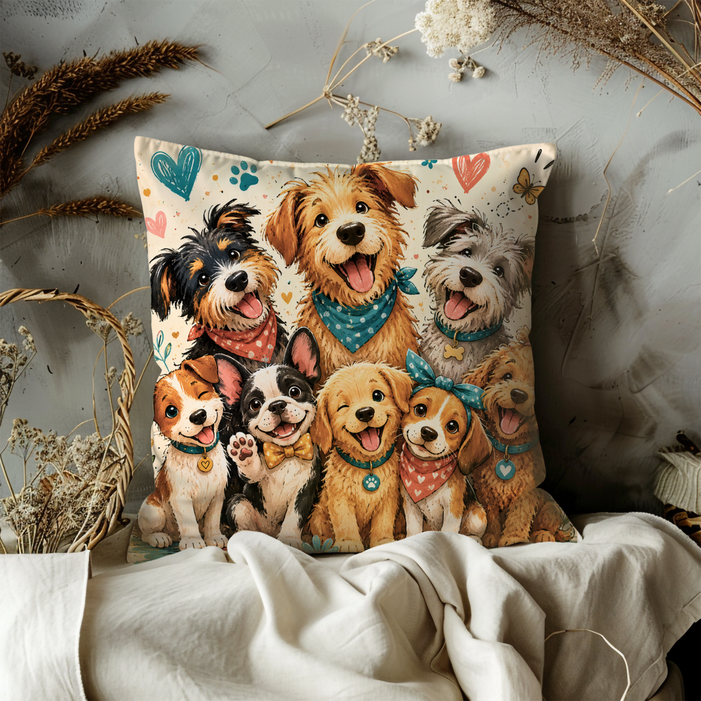 Adorable Puppies Pillow Cover | Cute Dog Group Art | Happy Animal Decor