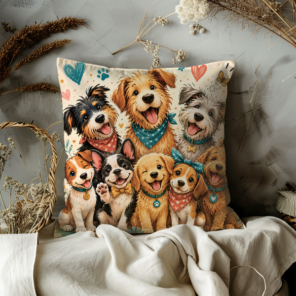 Adorable Puppies Pillow Cover – Cute Dog Group Art | Happy Animal Decor