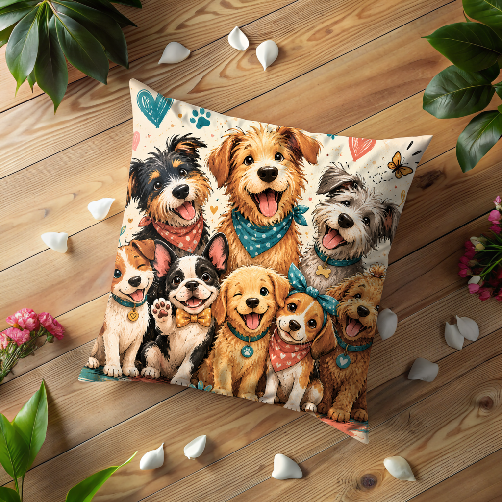 Adorable Puppies Pillow Cover | Cute Dog Group Art | Happy Animal Decor