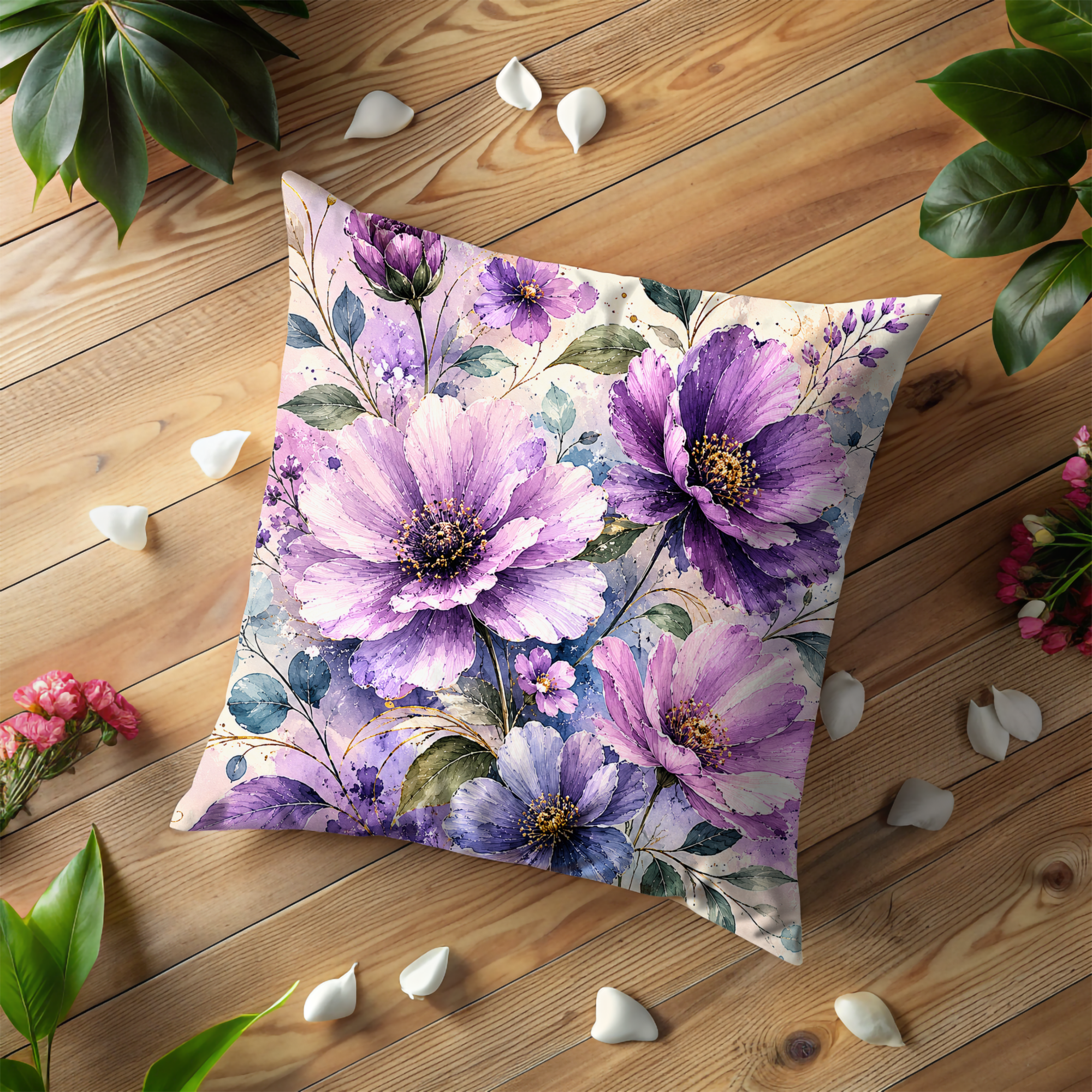 Purple Floral Pillow Cover | Watercolor Flower Art | Elegant Nature Decor