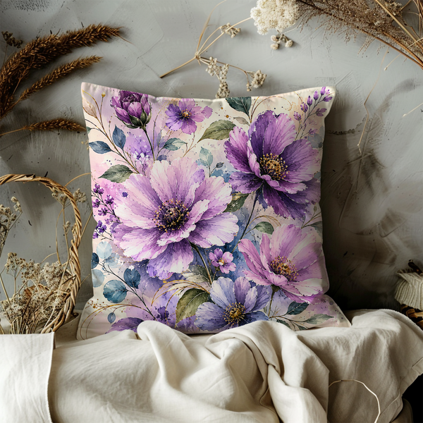 Purple Floral Pillow Cover – Watercolor Flower Art | Elegant Nature Decor
