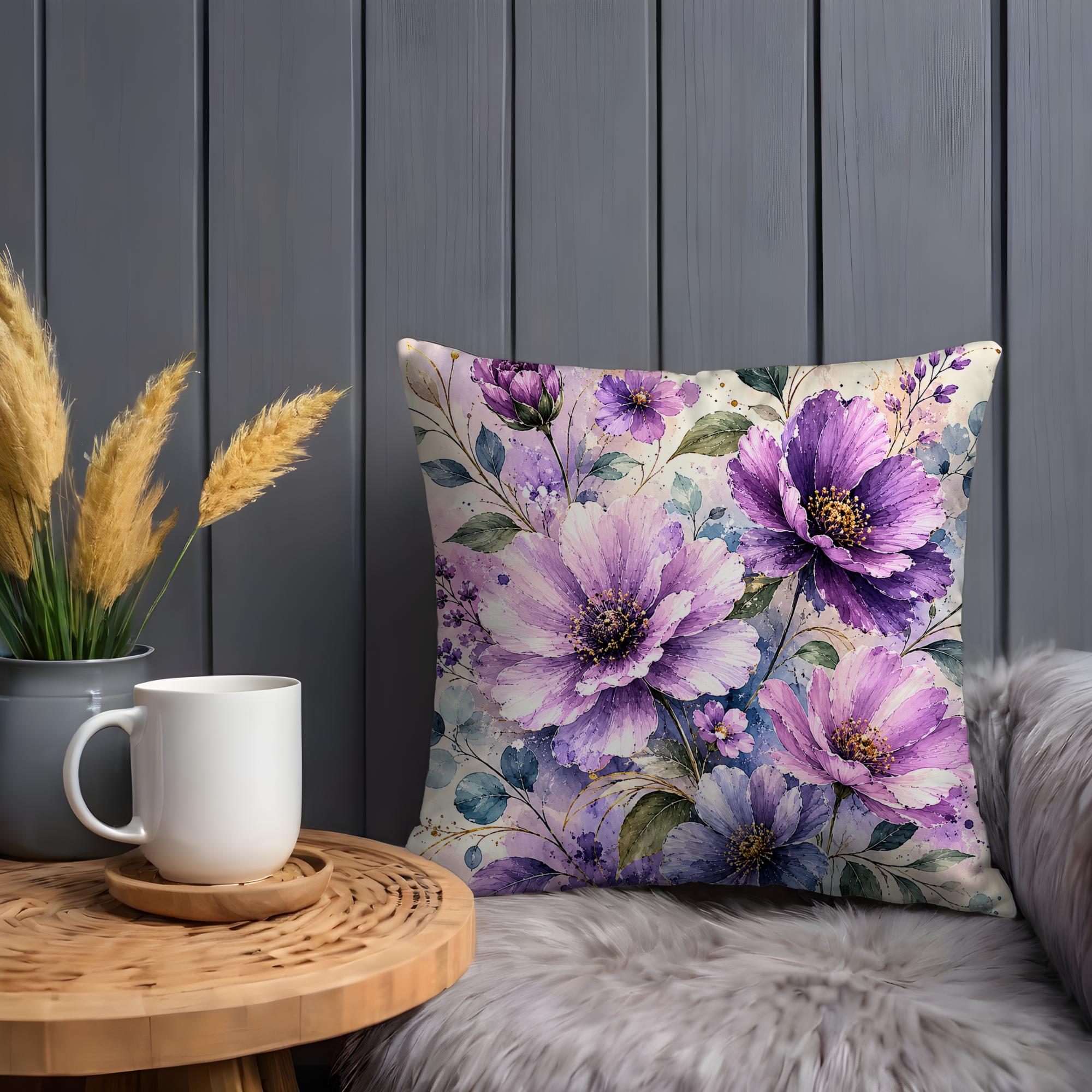 Purple Floral Pillow Cover | Watercolor Flower Art | Elegant Nature Decor