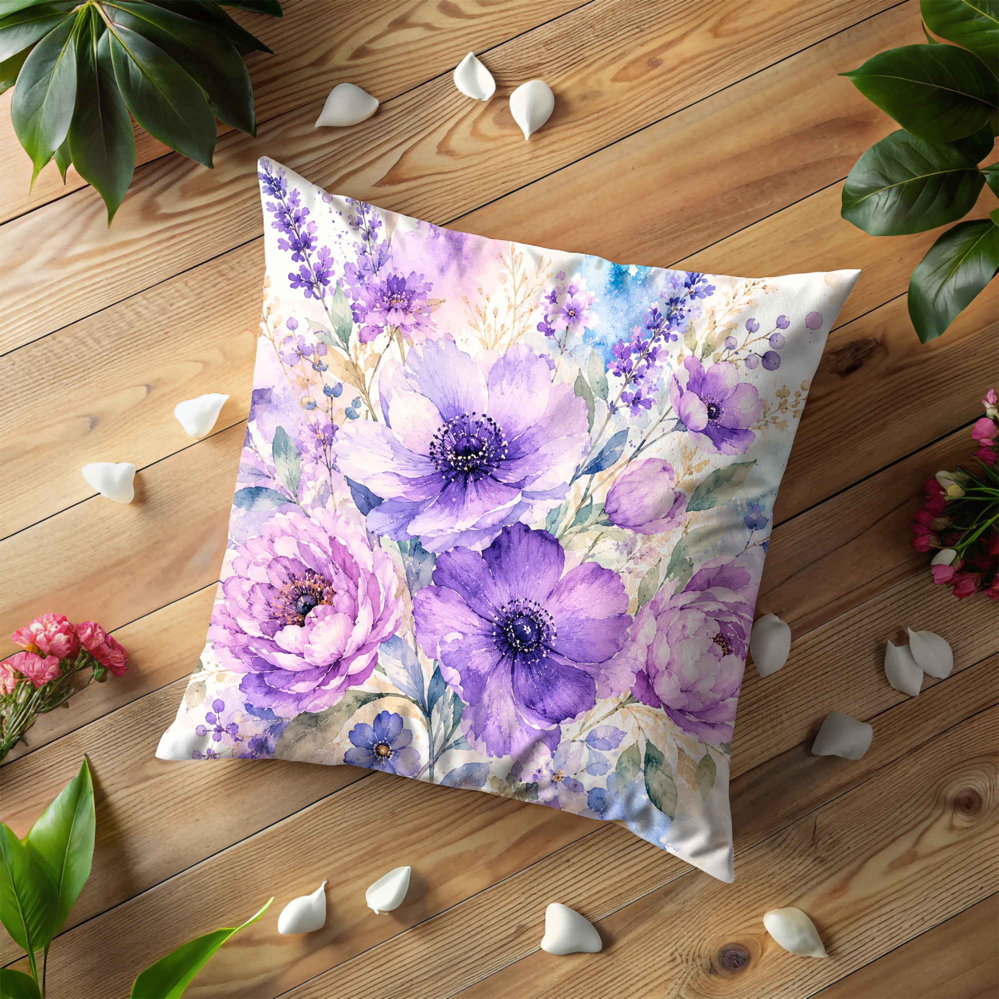 Purple Watercolor Flowers Pillow Cover | Elegant Floral Art | Boho Decor