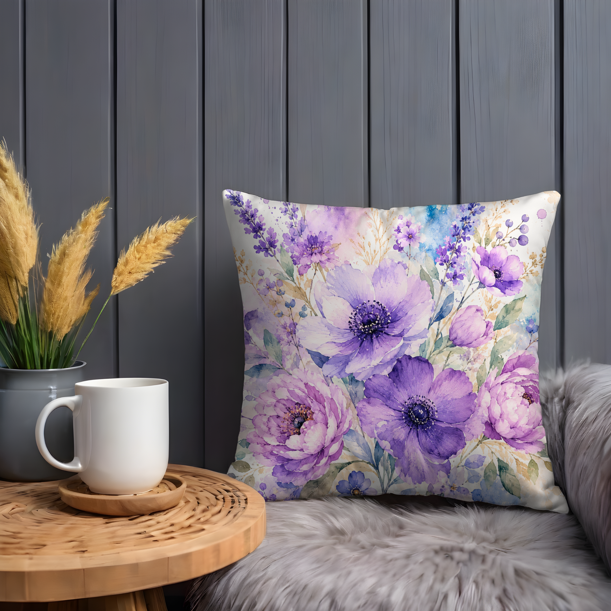 Purple Watercolor Flowers Pillow Cover | Elegant Floral Art | Boho Decor