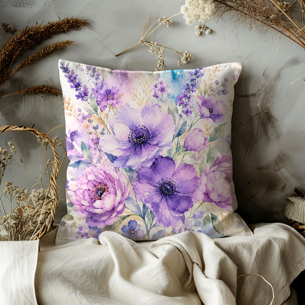 Purple Watercolor Flowers Pillow Cover – Elegant Floral Art | Boho Decor