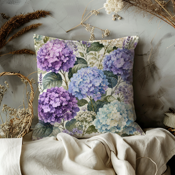 Purple Hydrangea Pillow Cover – Watercolor Floral Art | Elegant Boho Decor